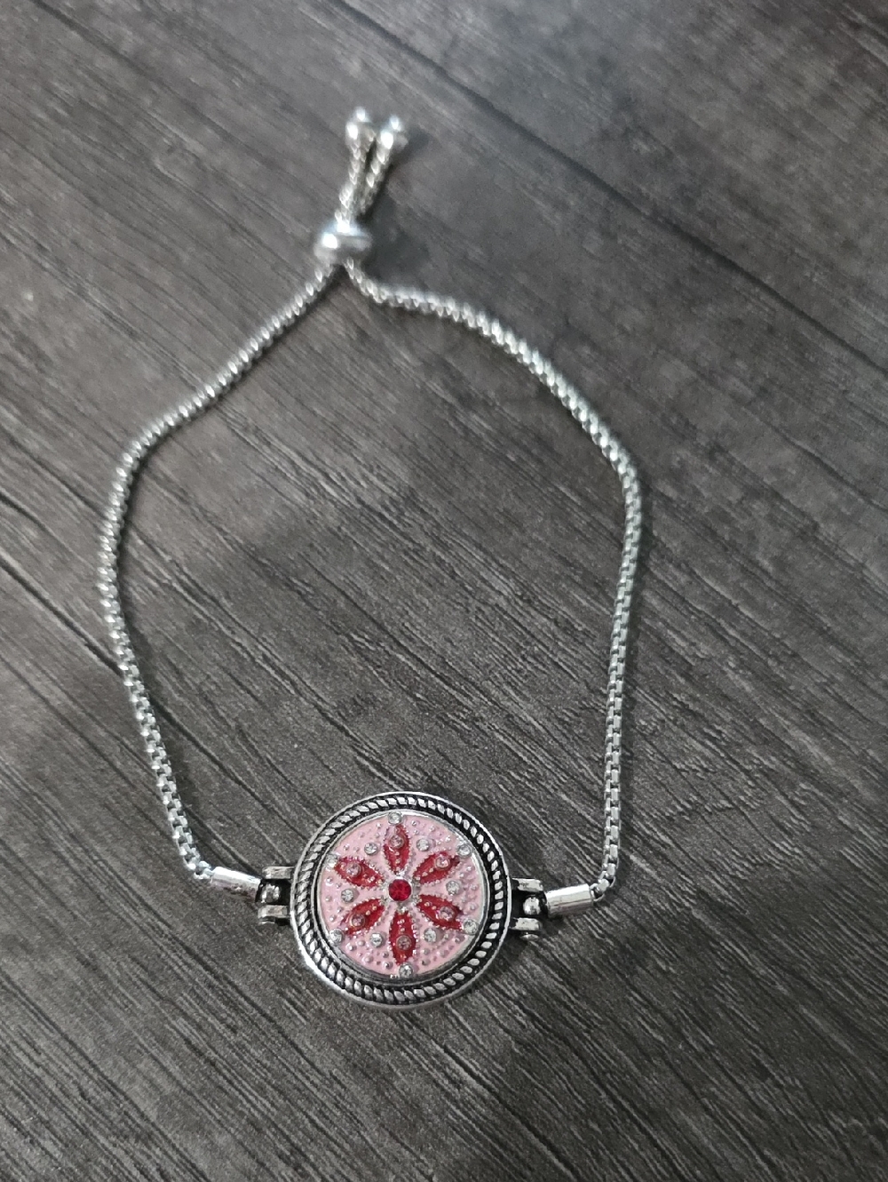 Silver-Tone Women's Bracelet with Pink Floral Medallion